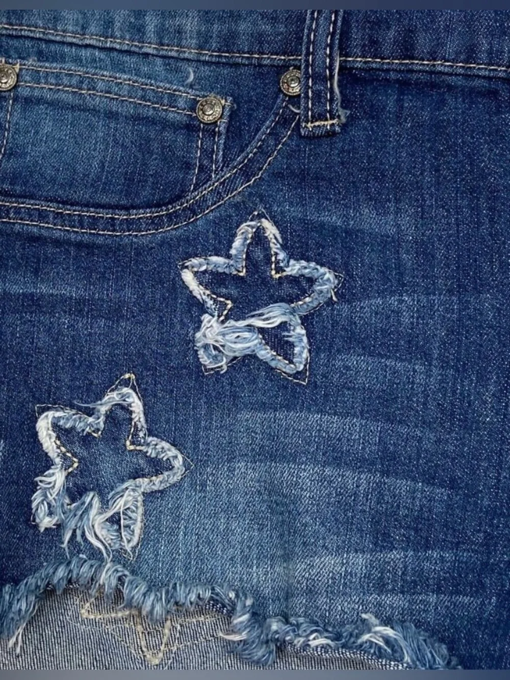 VENUS Blue Distressed Denim Shorts with Star Appliqué